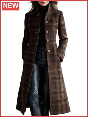 Women Long Wool Plaid Pea Coat Fall Winter Single Breasted Midi Trench